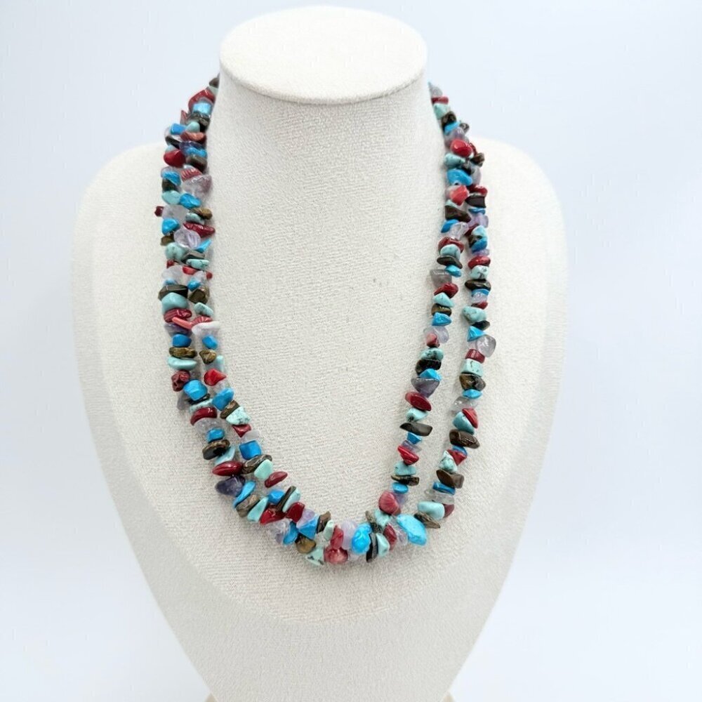 Vtg Southwestern Silver 925 Turquoise Nugget Gemstone Multi Strands Necklace